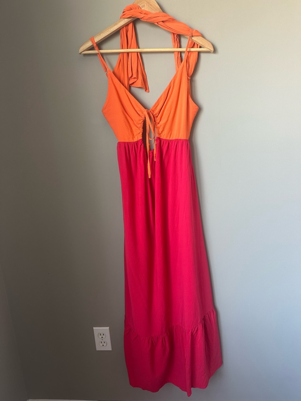 Tie-Front Bright Two-Tone Orange & Hot Pink Maxi Dress Size Small Rayon summer